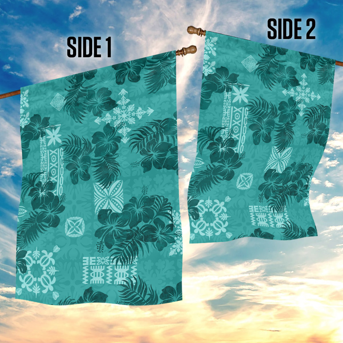 Vintage Hawaii Garden Flag Hibiscus Mix Hawaiian Quilt Patches - Teal LT7 - Polynesian Pride