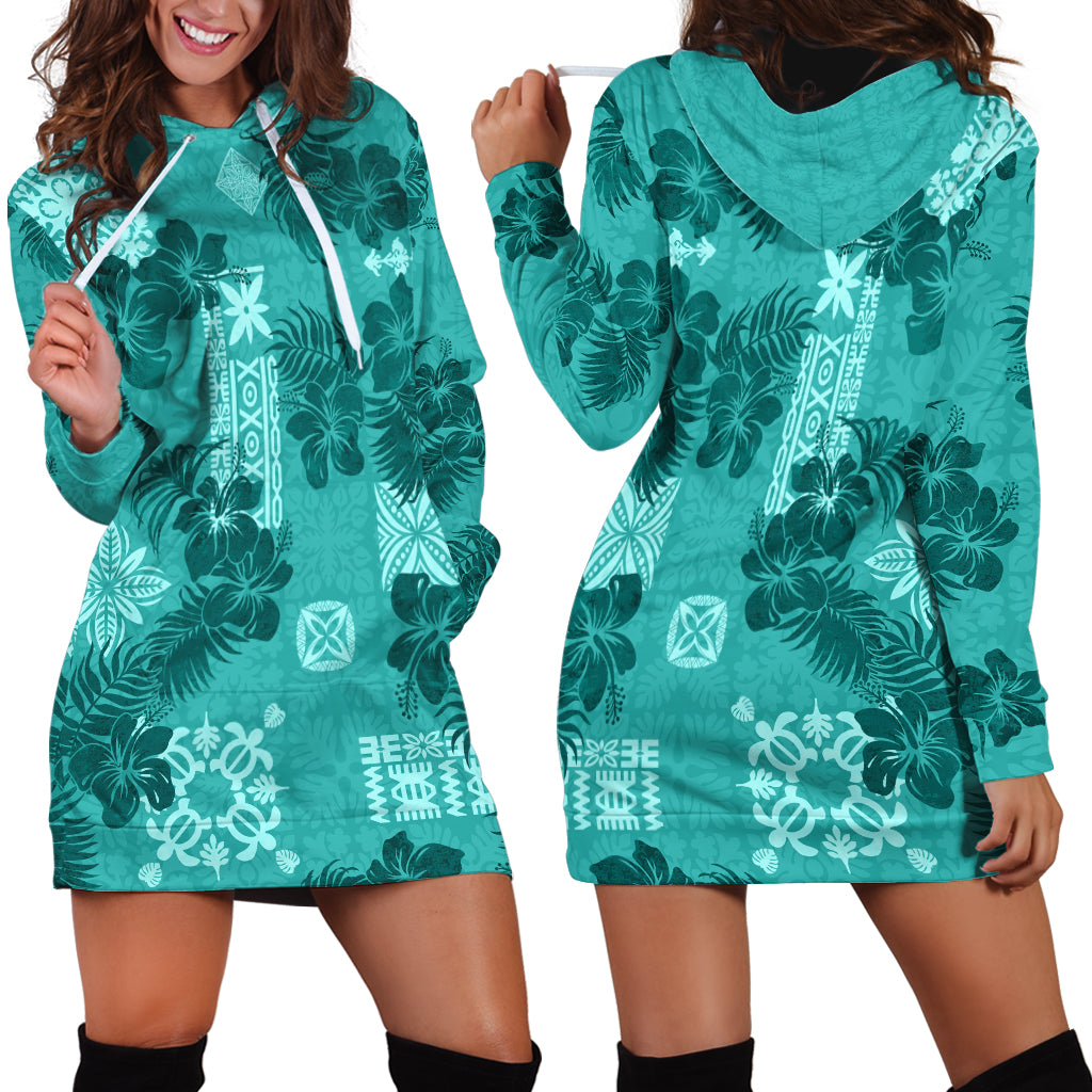 Vintage Hawaii Hoodie Dress Hibiscus Mix Hawaiian Quilt Patches - Teal LT7 - Polynesian Pride