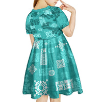 Vintage Hawaii Kid Short Sleeve Dress Hibiscus Mix Hawaiian Quilt Patches - Teal LT7 - Polynesian Pride