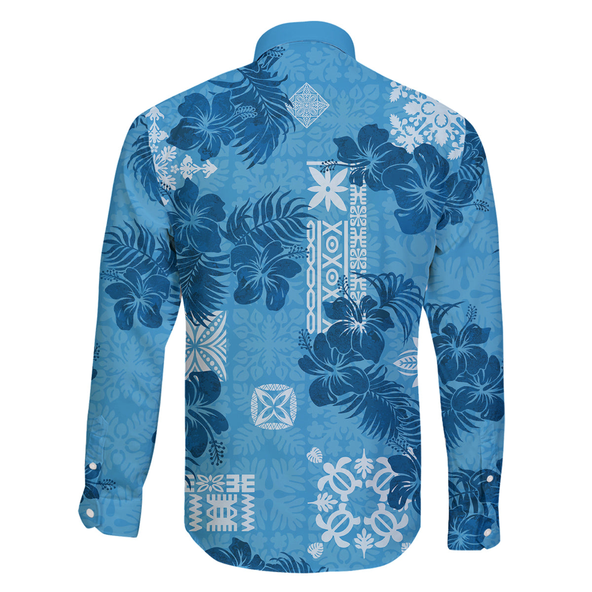 Hawaii Tapa Family Matching Off Shoulder Maxi Dress and Hawaiian Shirt Hibiscus Mix Hawaiian Quilt Patches - Blue LT7 - Polynesian Pride