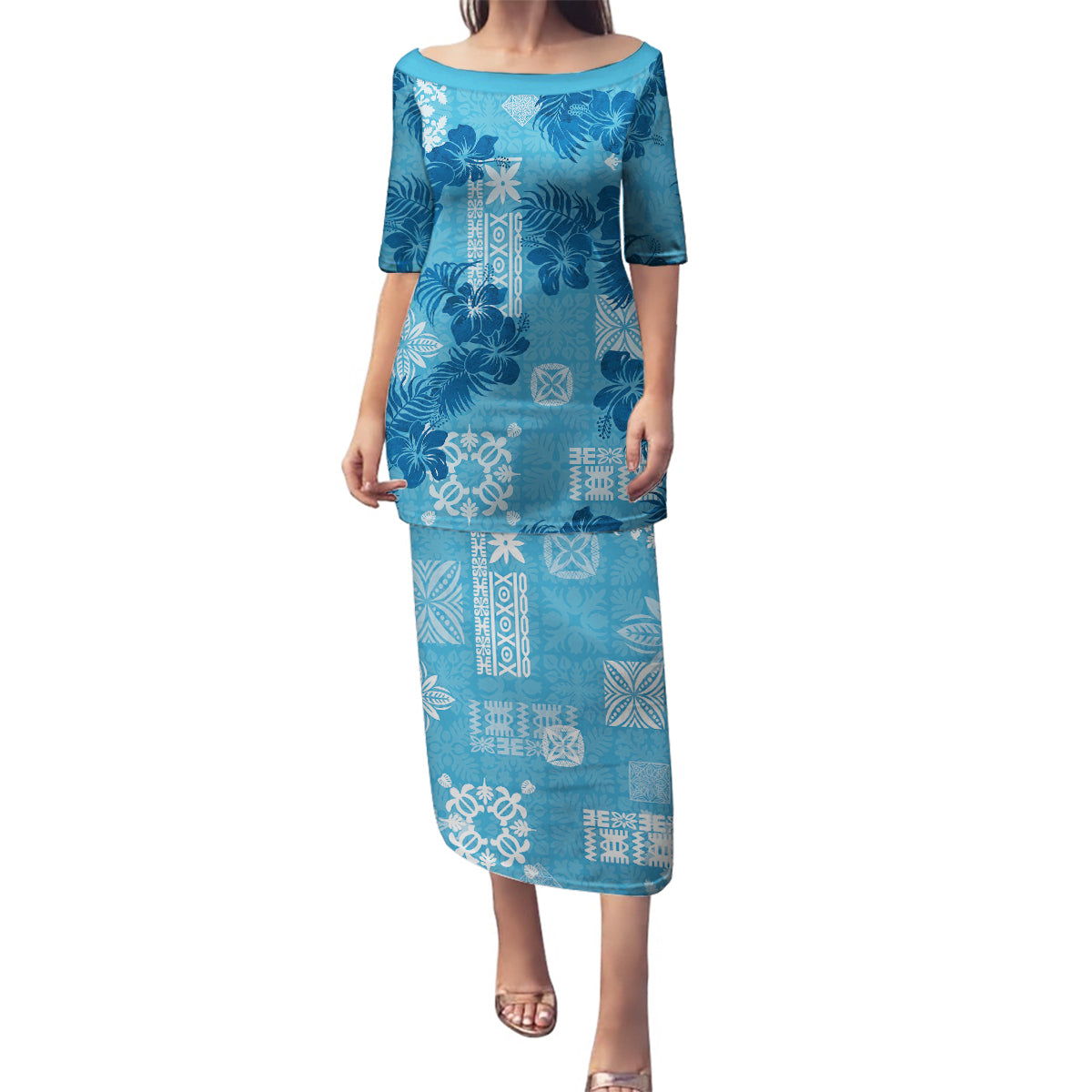 Hawaii Tapa Family Matching Puletasi Dress and Hawaiian Shirt Hibiscus Mix Hawaiian Quilt Patches - Blue LT7 Mom's Dress Blue - Polynesian Pride