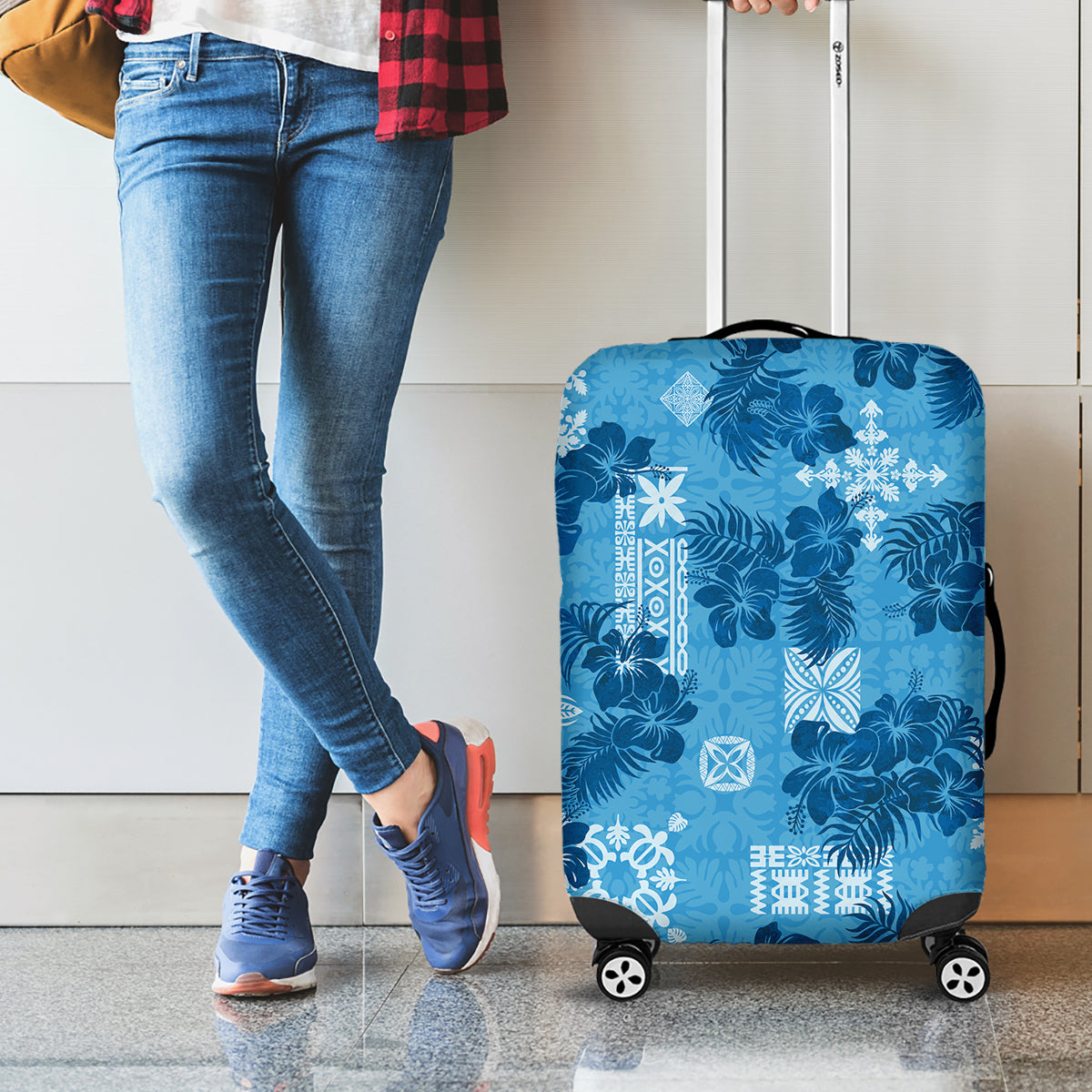 Hawaii Tapa Luggage Cover Hibiscus Mix Hawaiian Quilt Patches - Blue LT7 - Polynesian Pride