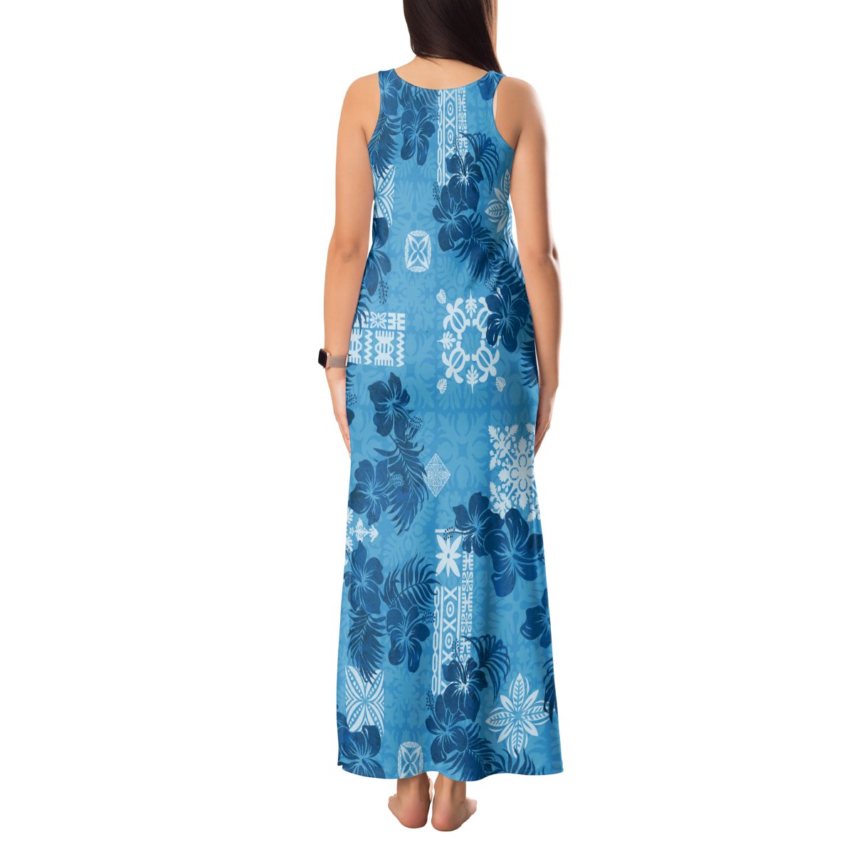 Hawaii Tapa Tank Maxi Dress Hibiscus Mix Hawaiian Quilt Patches - Blue LT7 - Polynesian Pride