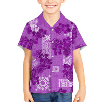 Hawaii Tapa Family Matching Off Shoulder Short Dress and Hawaiian Shirt Hibiscus Mix Hawaiian Quilt Patches - Violet LT7 Son's Shirt Violet - Polynesian Pride