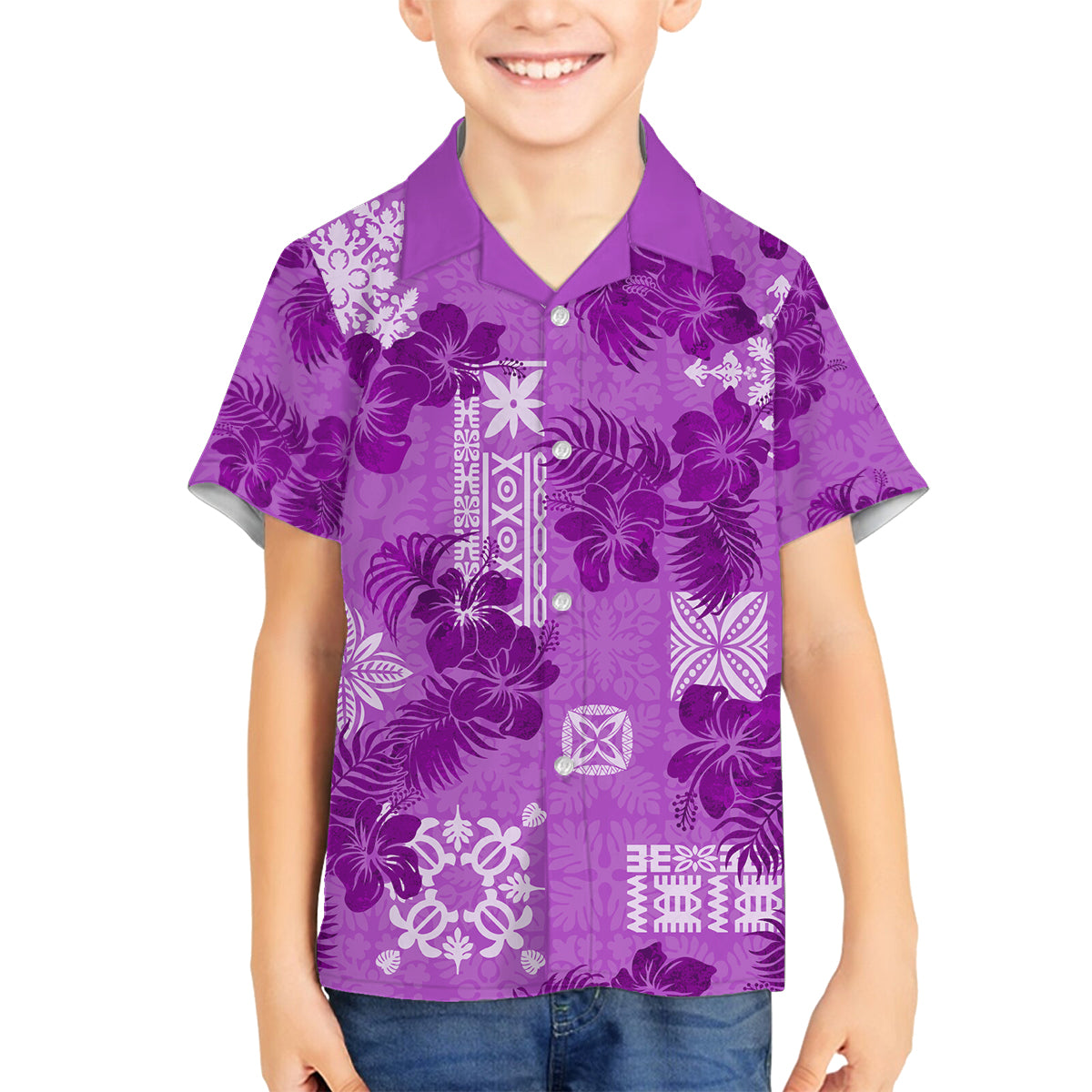 Hawaii Tapa Family Matching Summer Maxi Dress and Hawaiian Shirt Hibiscus Mix Hawaiian Quilt Patches - Violet LT7 Son's Shirt Violet - Polynesian Pride