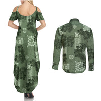 Hawaii Tapa Couples Matching Summer Maxi Dress and Long Sleeve Button Shirt Hibiscus Mix Hawaiian Quilt Patches - Sage Green LT7 - Polynesian Pride