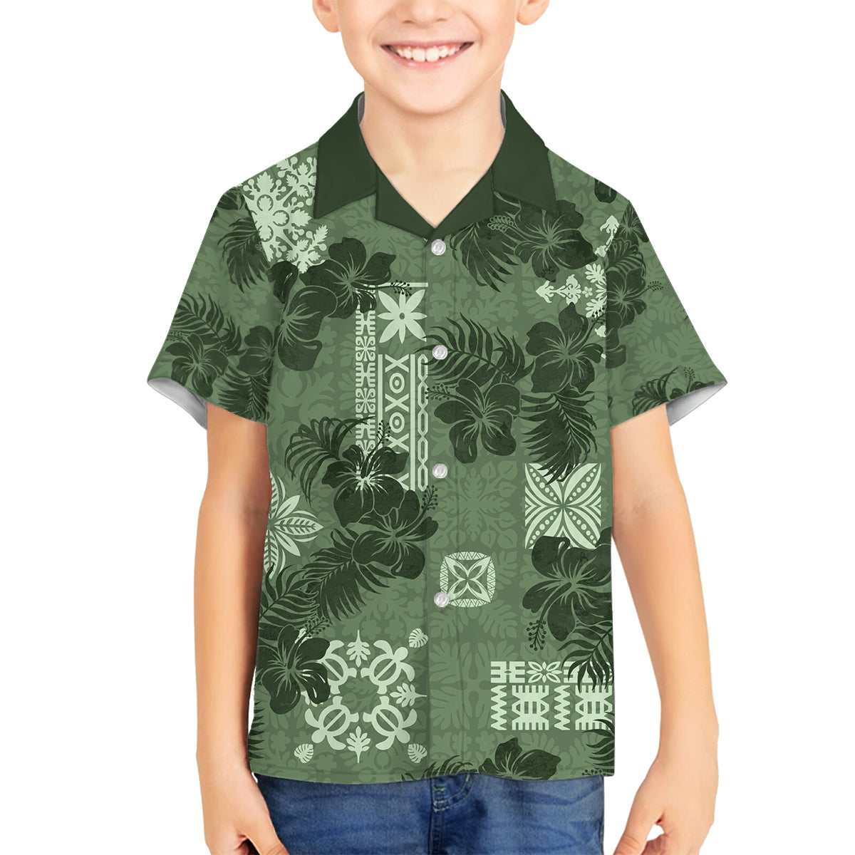 Hawaii Tapa Family Matching Off Shoulder Maxi Dress and Hawaiian Shirt Hibiscus Mix Hawaiian Quilt Patches - Sage Green LT7 Son's Shirt Sage Green - Polynesian Pride