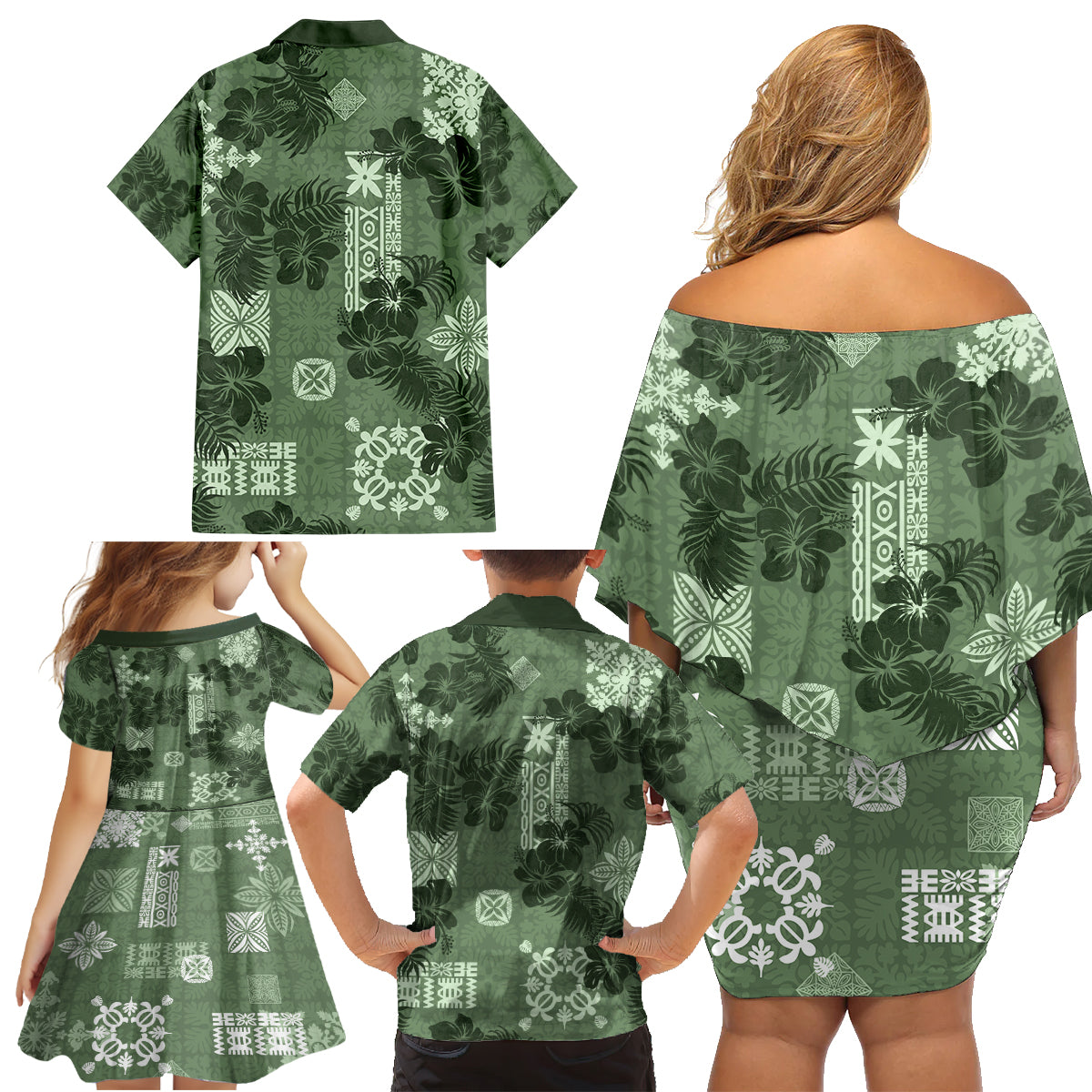 Hawaii Tapa Family Matching Off Shoulder Short Dress and Hawaiian Shirt Hibiscus Mix Hawaiian Quilt Patches - Sage Green LT7 - Polynesian Pride