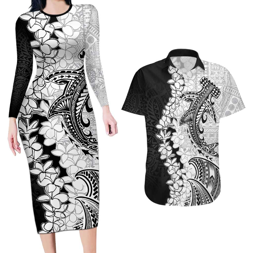 Polynesian Plumeria Lei Couples Matching Long Sleeve Bodycon Dress and Hawaiian Shirt with Hammerhead Shark LT7 Black - Polynesian Pride