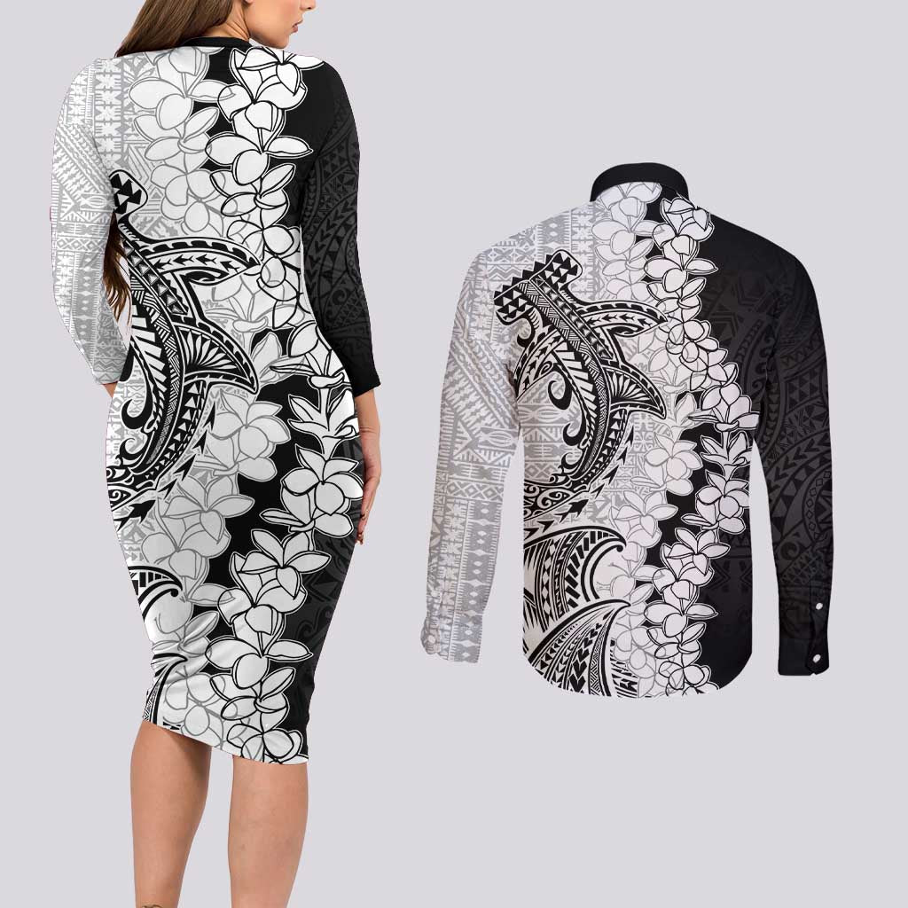 Polynesian Plumeria Lei Couples Matching Long Sleeve Bodycon Dress and Long Sleeve Button Shirt with Hammerhead Shark LT7 - Polynesian Pride