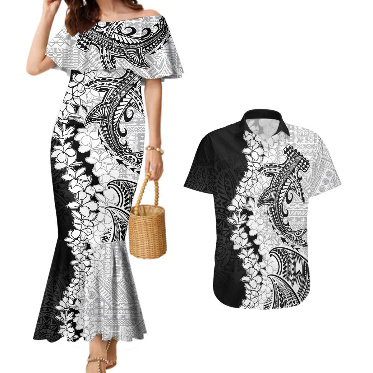 Polynesian Plumeria Lei Couples Matching Mermaid Dress and Hawaiian Shirt with Hammerhead Shark LT7 Black - Polynesian Pride