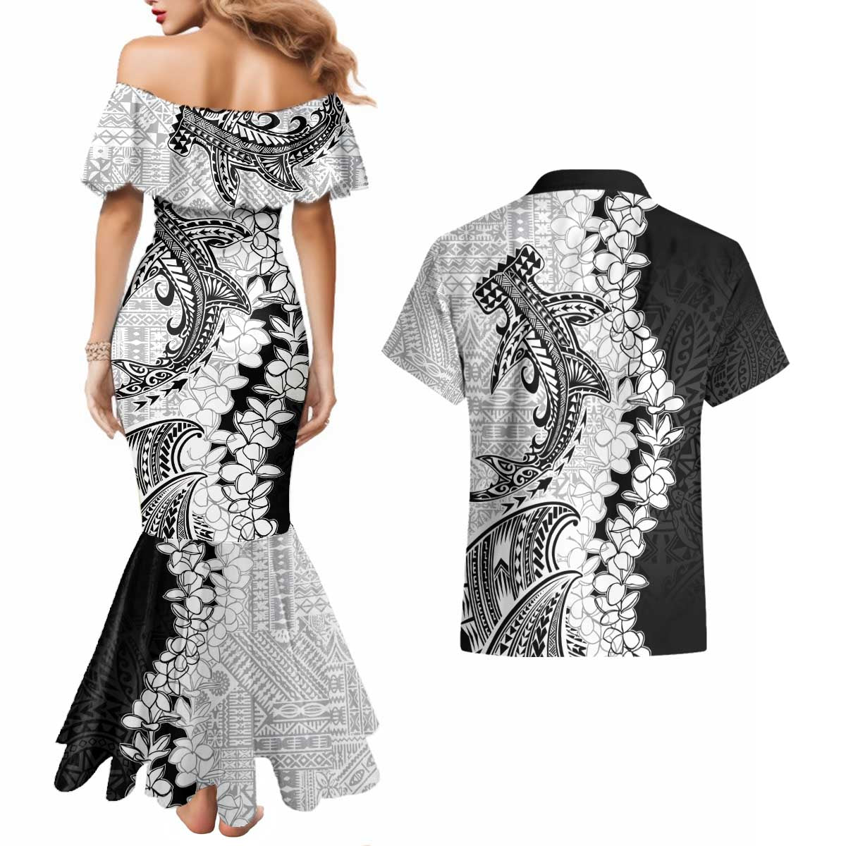 Polynesian Plumeria Lei Couples Matching Mermaid Dress and Hawaiian Shirt with Hammerhead Shark LT7 - Polynesian Pride