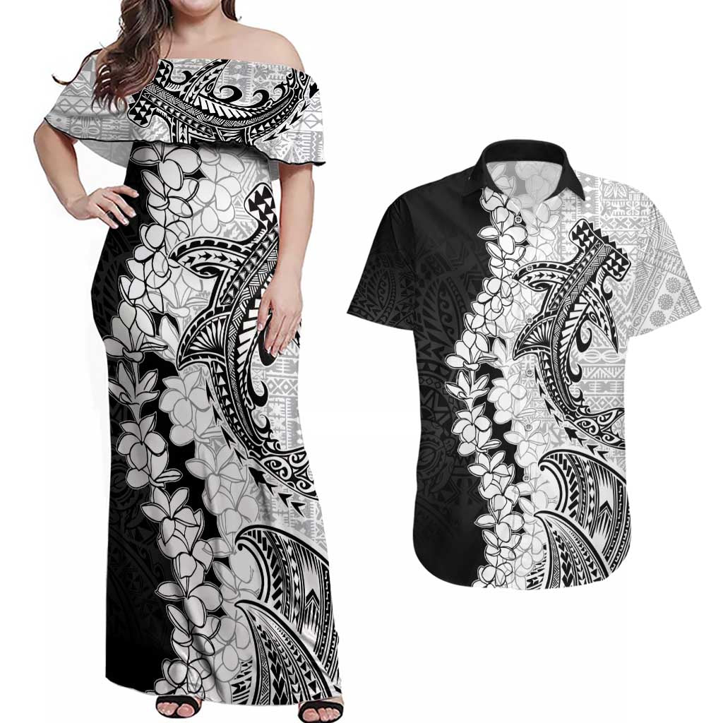 Polynesian Plumeria Lei Couples Matching Off Shoulder Maxi Dress and Hawaiian Shirt with Hammerhead Shark LT7 Black - Polynesian Pride
