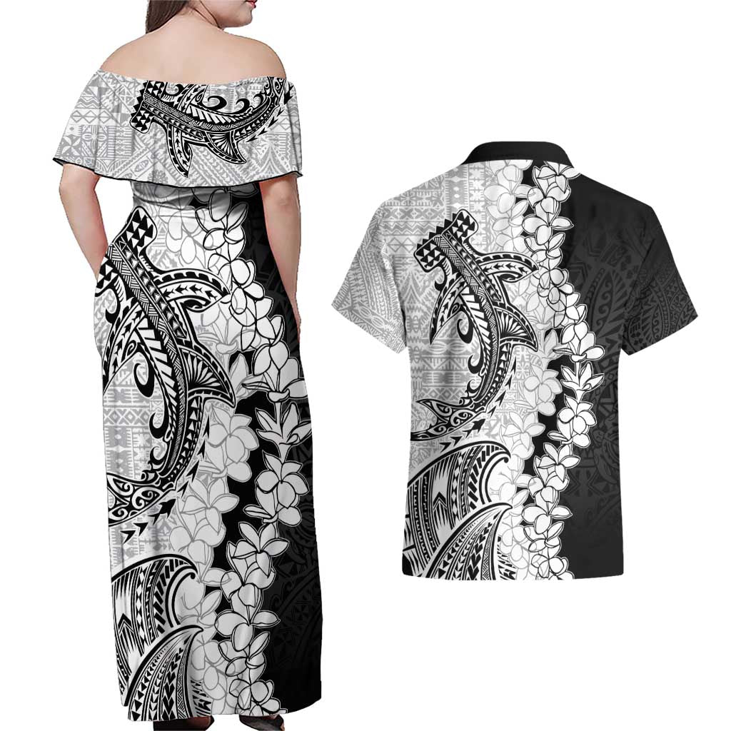 Polynesian Plumeria Lei Couples Matching Off Shoulder Maxi Dress and Hawaiian Shirt with Hammerhead Shark LT7 - Polynesian Pride