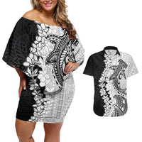 Polynesian Plumeria Lei Couples Matching Off Shoulder Short Dress and Hawaiian Shirt with Hammerhead Shark LT7 Black - Polynesian Pride