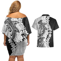 Polynesian Plumeria Lei Couples Matching Off Shoulder Short Dress and Hawaiian Shirt with Hammerhead Shark LT7 - Polynesian Pride