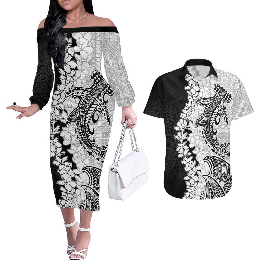 Polynesian Plumeria Lei Couples Matching Off The Shoulder Long Sleeve Dress and Hawaiian Shirt with Hammerhead Shark LT7 Black - Polynesian Pride