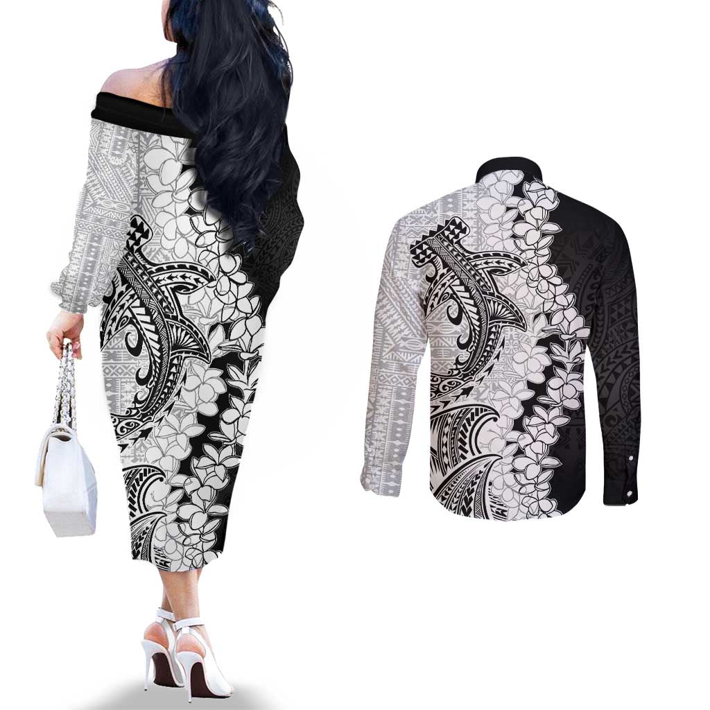 Polynesian Plumeria Lei Couples Matching Off The Shoulder Long Sleeve Dress and Long Sleeve Button Shirt with Hammerhead Shark LT7 - Polynesian Pride