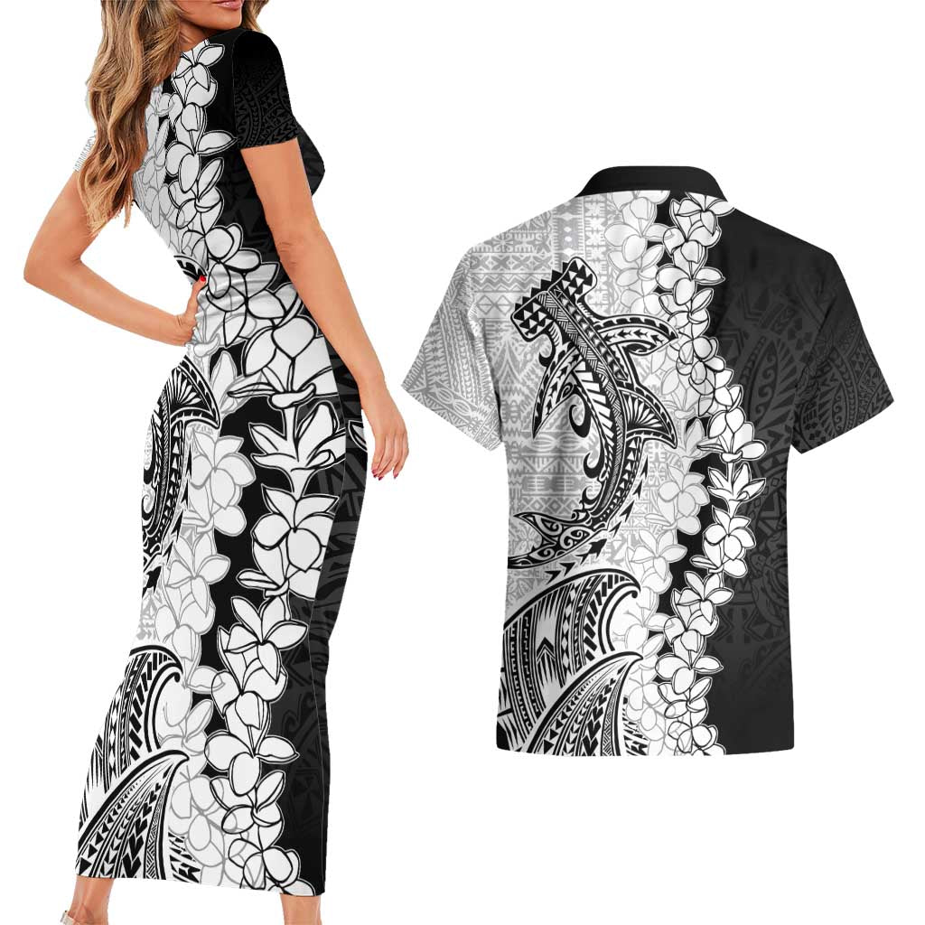 Polynesian Plumeria Lei Couples Matching Short Sleeve Bodycon Dress and Hawaiian Shirt with Hammerhead Shark LT7 - Polynesian Pride