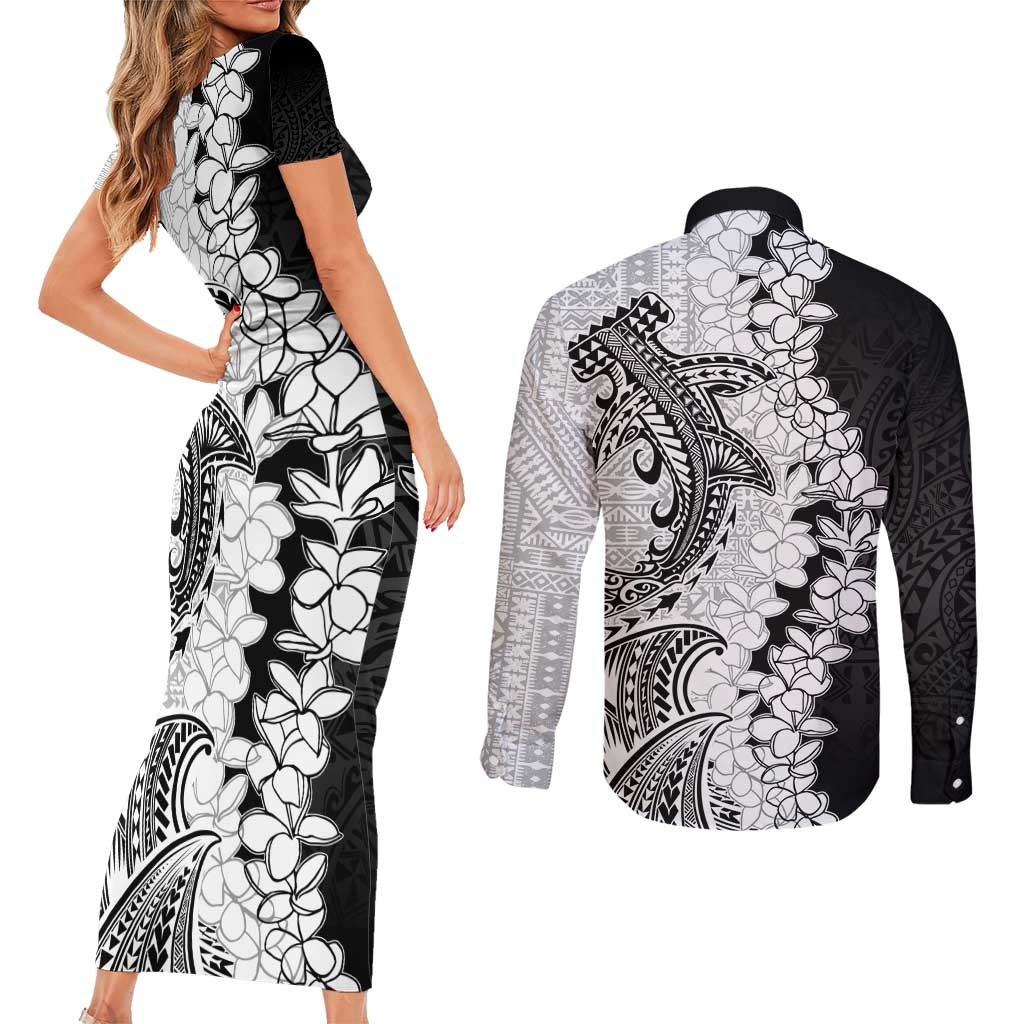Polynesian Plumeria Lei Couples Matching Short Sleeve Bodycon Dress and Long Sleeve Button Shirt with Hammerhead Shark LT7 - Polynesian Pride