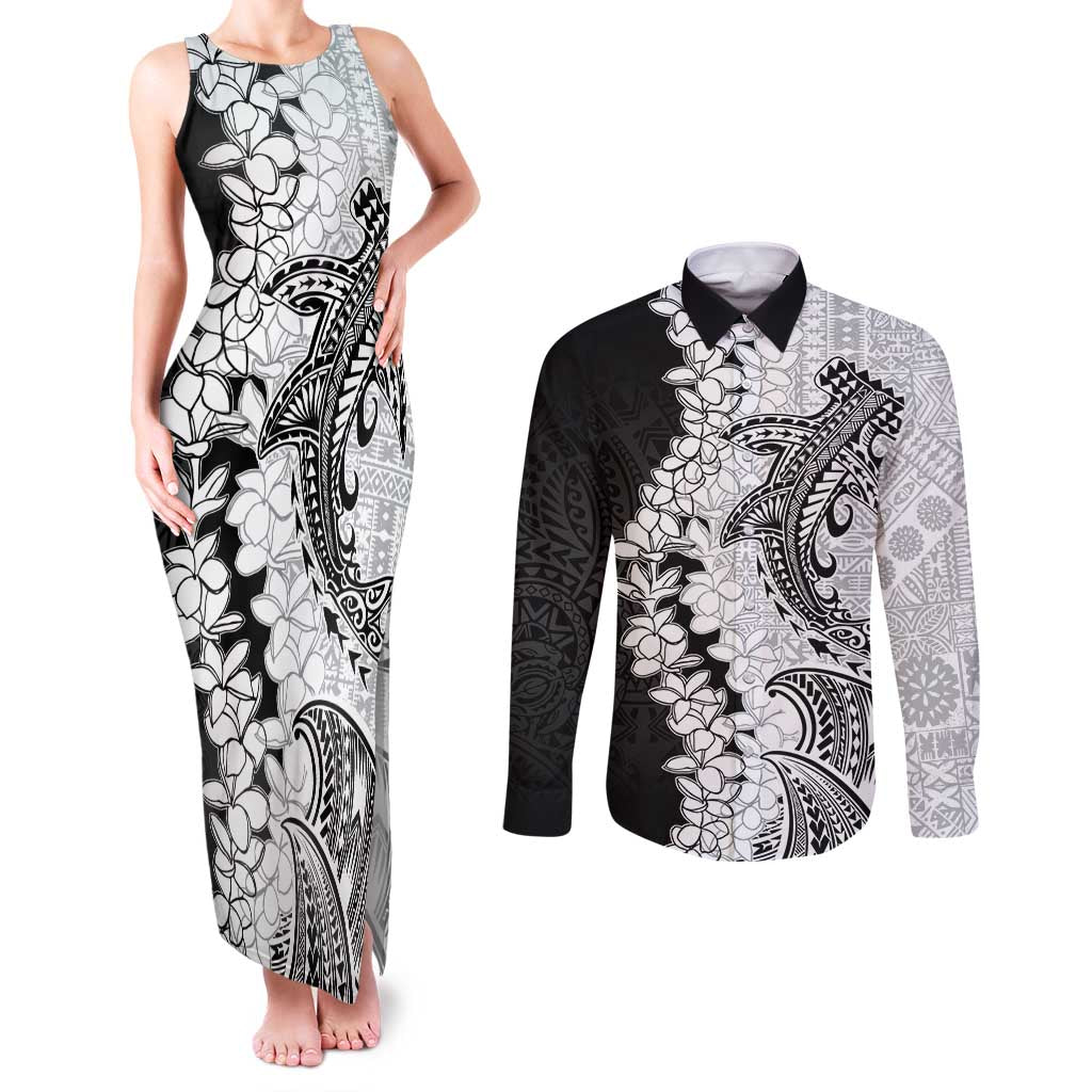Polynesian Plumeria Lei Couples Matching Tank Maxi Dress and Long Sleeve Button Shirt with Hammerhead Shark