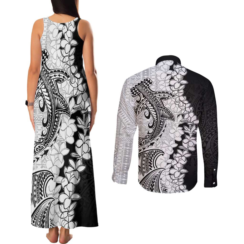 Polynesian Plumeria Lei Couples Matching Tank Maxi Dress and Long Sleeve Button Shirt with Hammerhead Shark