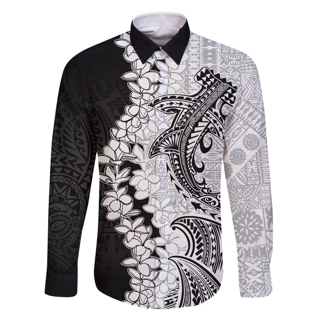 Polynesian Plumeria Lei Family Matching Mermaid Dress and Hawaiian Shirt with Hammerhead Shark LT7 Dad's Shirt - Long Sleeve Black - Polynesian Pride