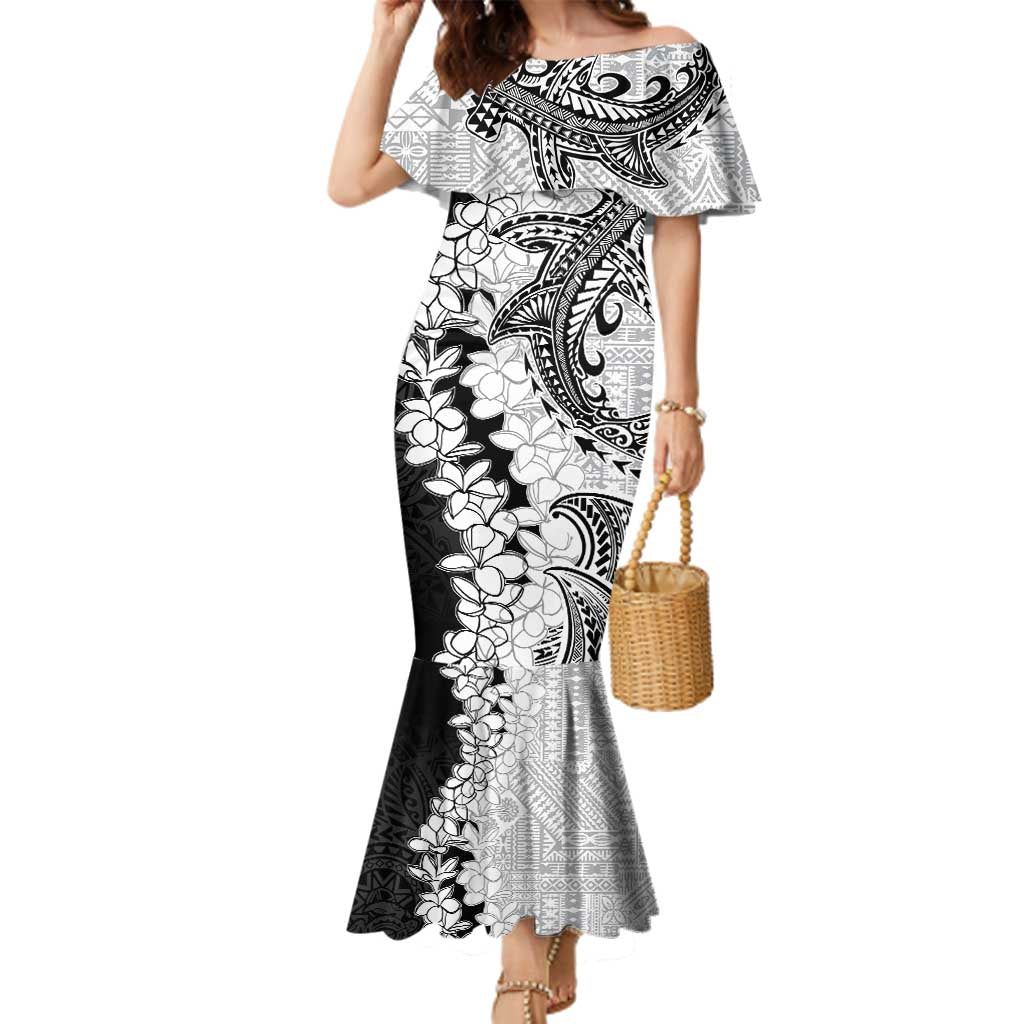 Polynesian Plumeria Lei Family Matching Mermaid Dress and Hawaiian Shirt with Hammerhead Shark LT7 Mom's Dress Black - Polynesian Pride