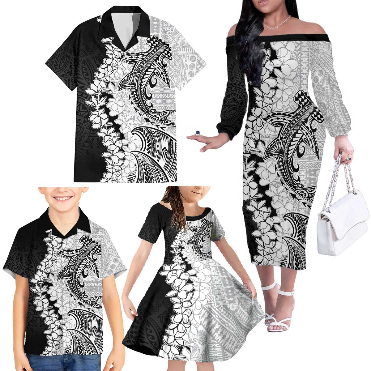Polynesian Plumeria Lei Family Matching Off The Shoulder Long Sleeve Dress and Hawaiian Shirt with Hammerhead Shark LT7 - Polynesian Pride