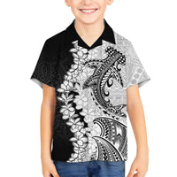 Polynesian Plumeria Lei Family Matching Off The Shoulder Long Sleeve Dress and Hawaiian Shirt with Hammerhead Shark LT7 Son's Shirt Black - Polynesian Pride