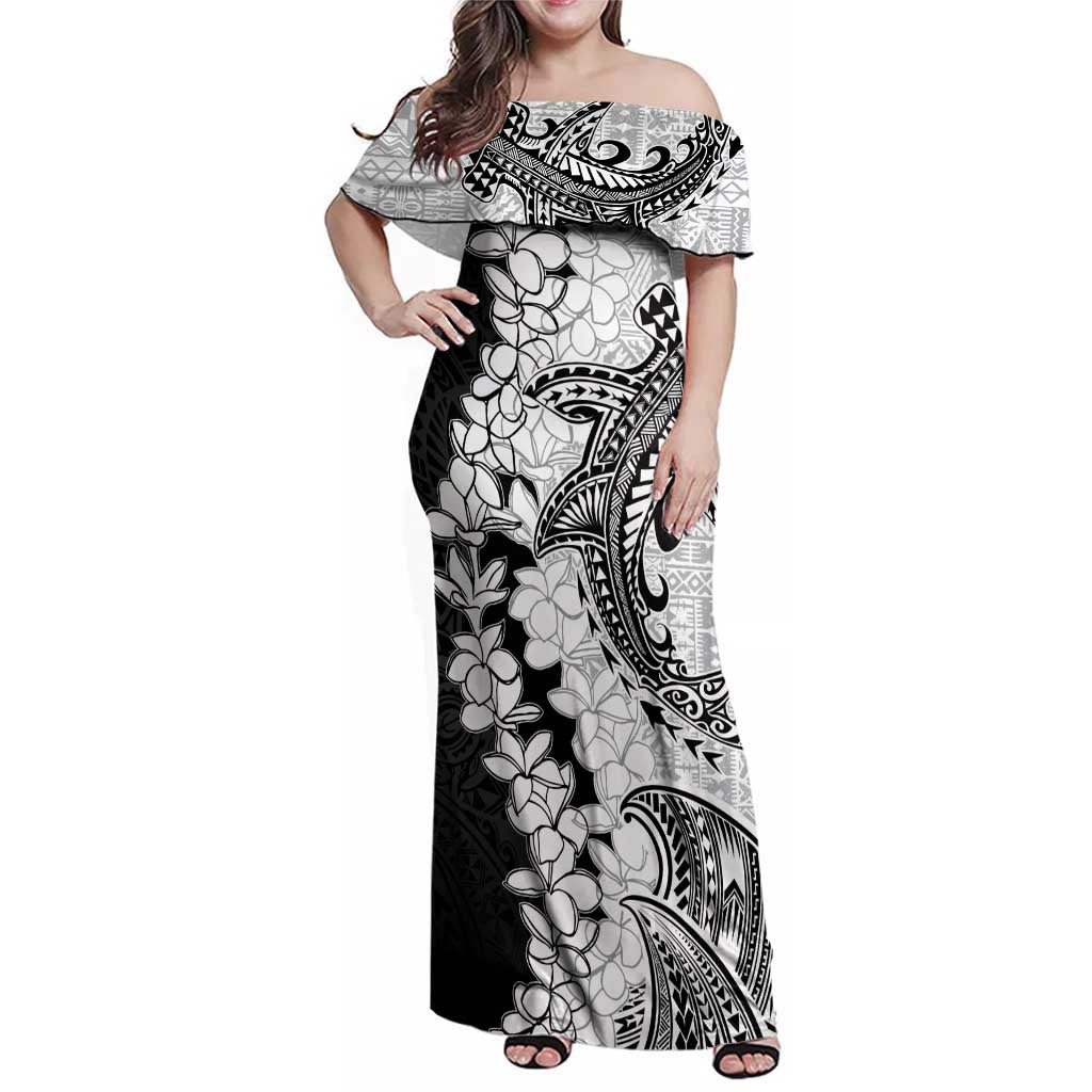 Polynesian Plumeria Lei Family Matching Off Shoulder Maxi Dress and Hawaiian Shirt with Hammerhead Shark LT7 Mom's Dress Black - Polynesian Pride