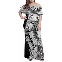 Polynesian Plumeria Lei Family Matching Off Shoulder Maxi Dress and Hawaiian Shirt with Hammerhead Shark LT7 Mom's Dress Black - Polynesian Pride