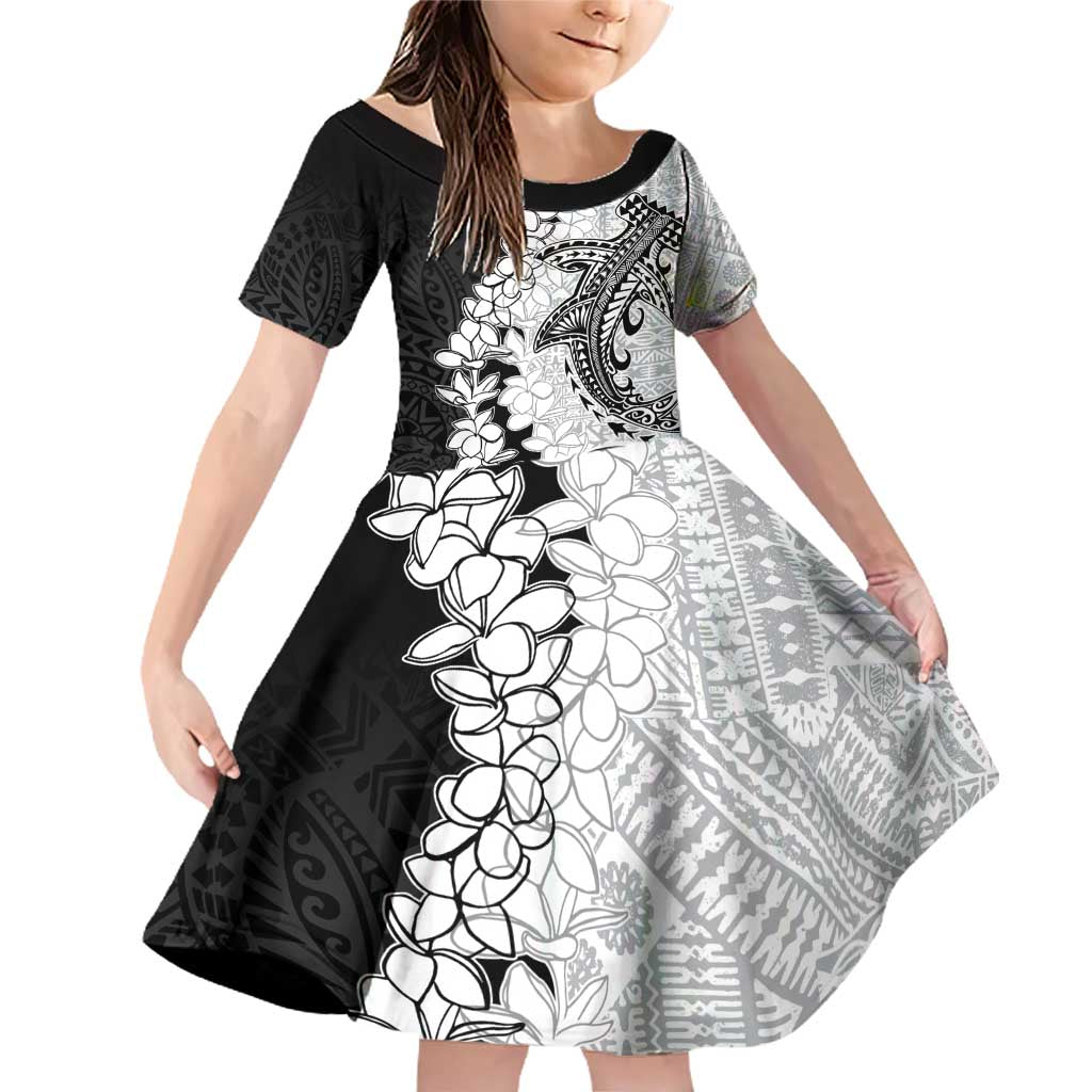 Polynesian Plumeria Lei Family Matching Off Shoulder Short Dress and Hawaiian Shirt with Hammerhead Shark LT7 Daughter's Dress Black - Polynesian Pride