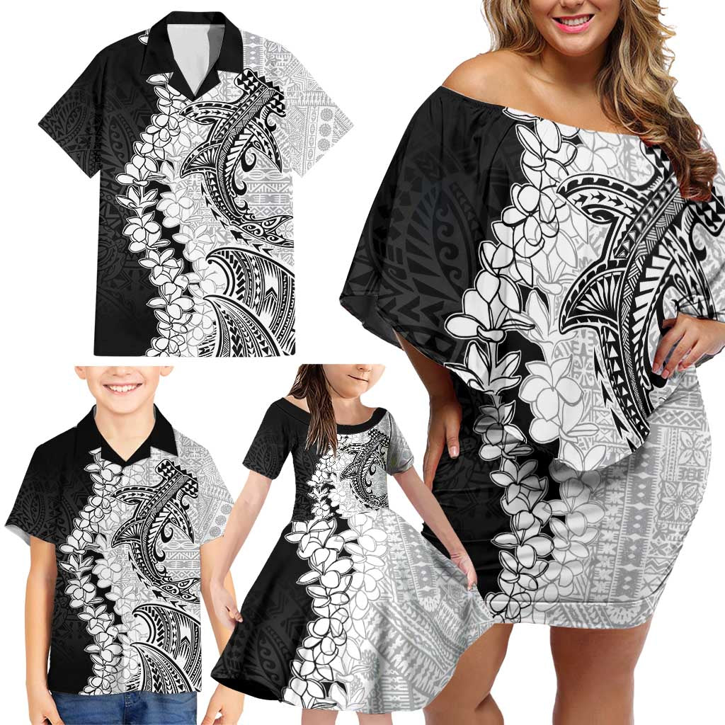 Polynesian Plumeria Lei Family Matching Off Shoulder Short Dress and Hawaiian Shirt with Hammerhead Shark LT7 - Polynesian Pride