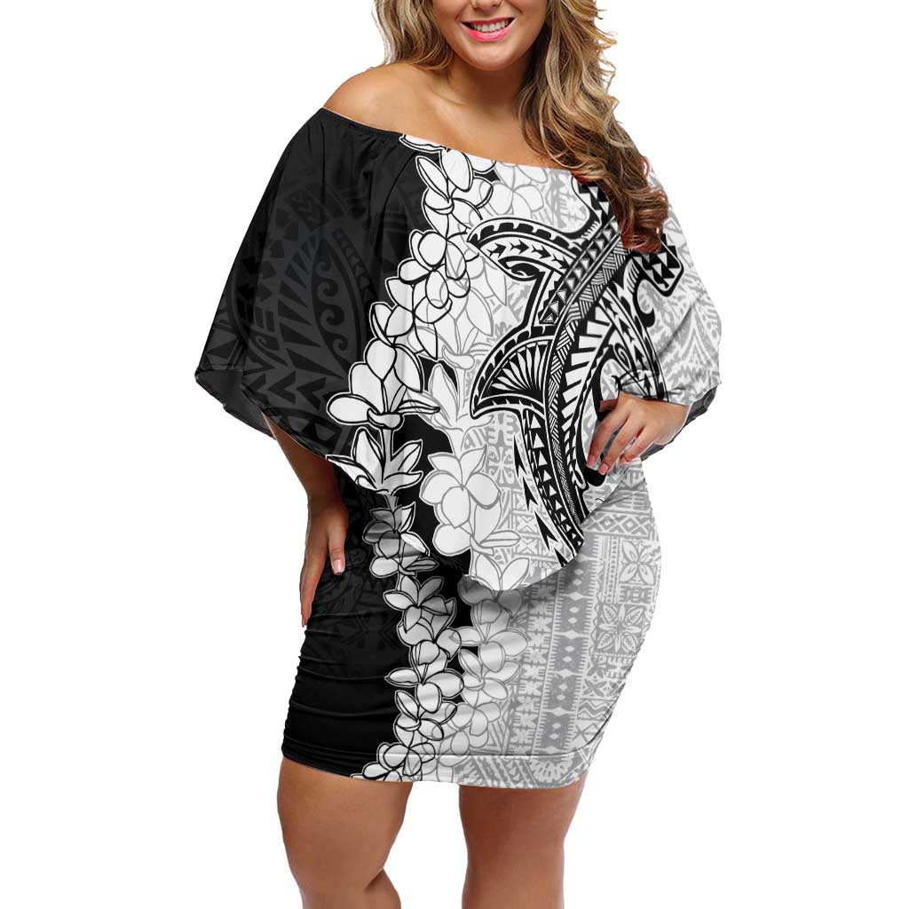 Polynesian Plumeria Lei Family Matching Off Shoulder Short Dress and Hawaiian Shirt with Hammerhead Shark LT7 Mom's Dress Black - Polynesian Pride