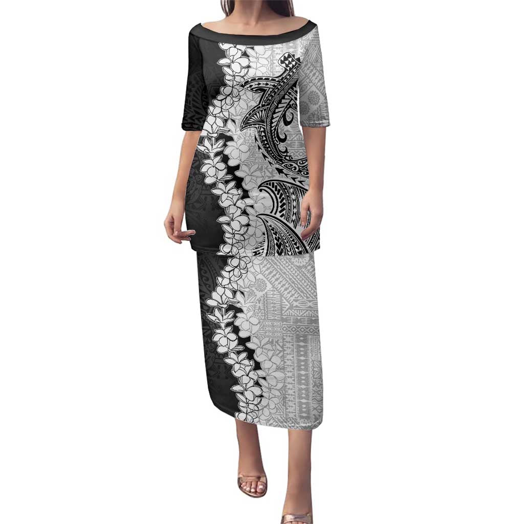 Polynesian Plumeria Lei Family Matching Puletasi and Hawaiian Shirt with Hammerhead Shark LT7 Mom's Dress Black - Polynesian Pride