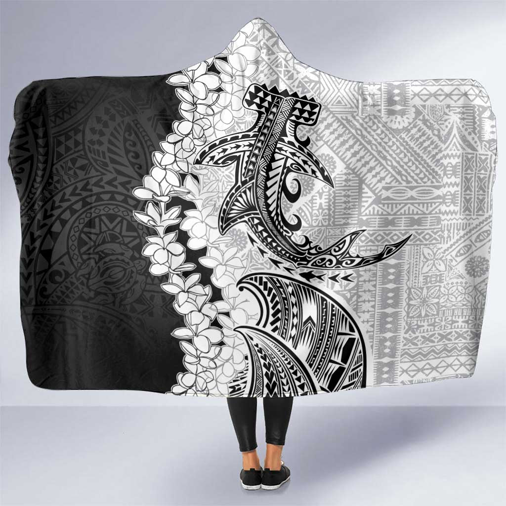 Polynesian Plumeria Lei Hooded Blanket with Hammerhead Shark LT7 One Size Black - Polynesian Pride