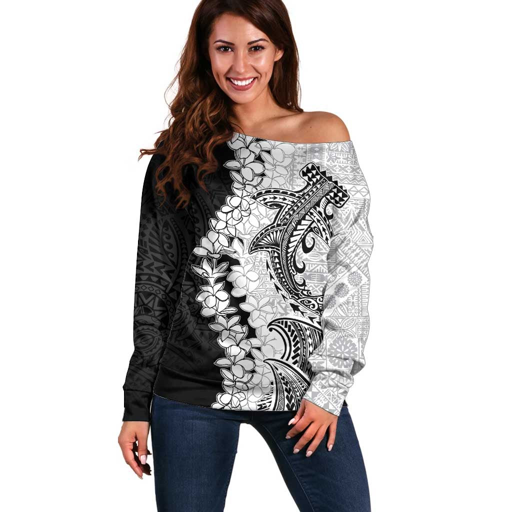 Polynesian Plumeria Lei Off Shoulder Sweater with Hammerhead Shark LT7 Women Black - Polynesian Pride