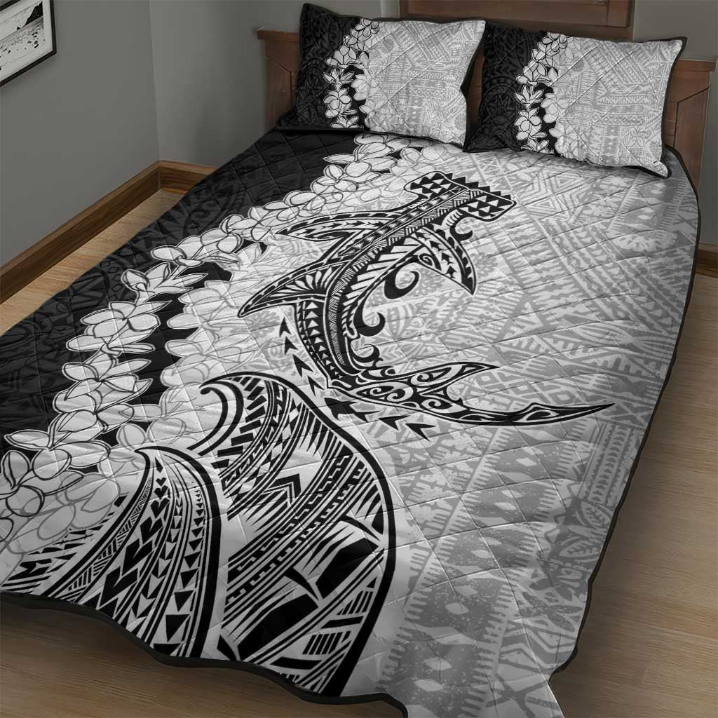 Polynesian Plumeria Lei Quilt Bed Set with Hammerhead Shark
