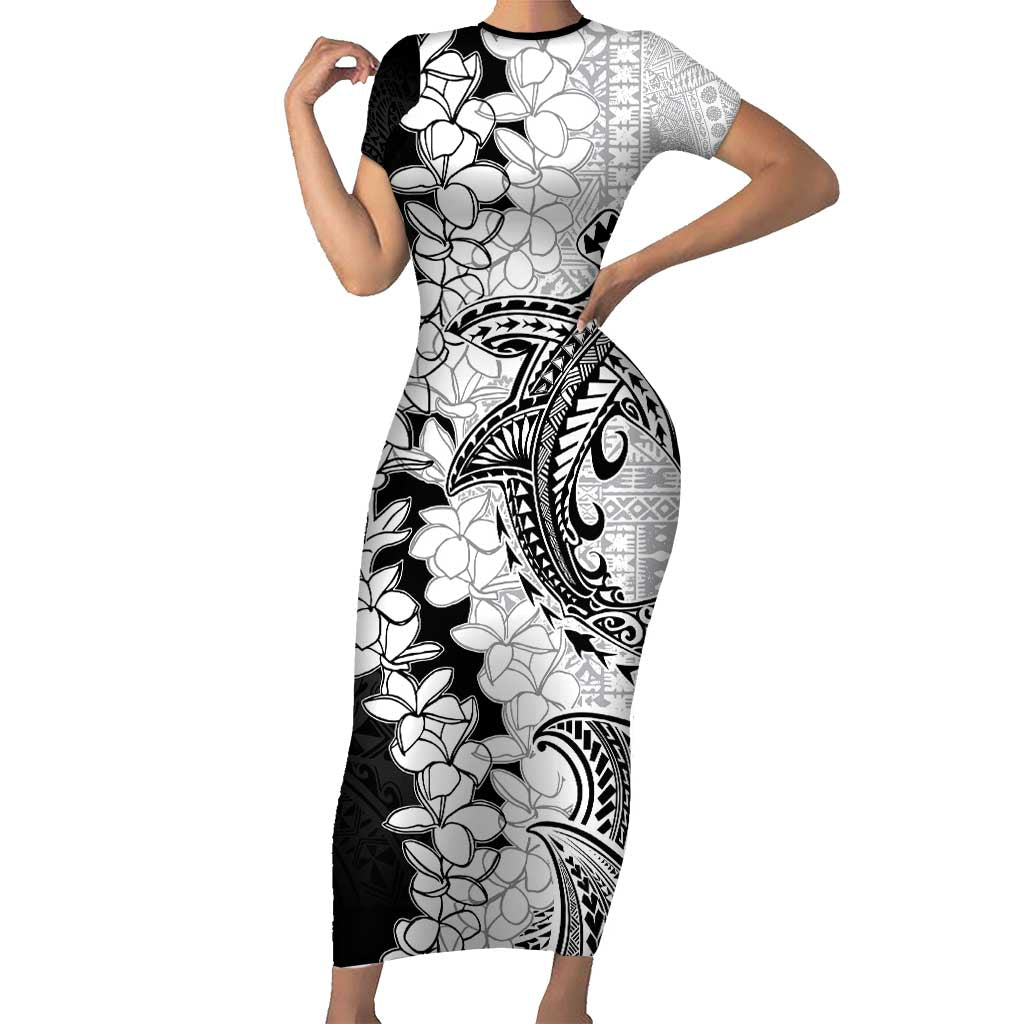 Polynesian Plumeria Lei Short Sleeve Bodycon Dress with Hammerhead Shark LT7 Long Dress Black - Polynesian Pride