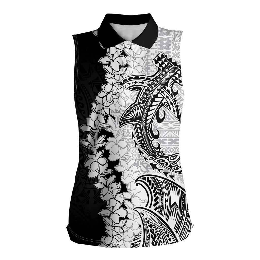 Polynesian Plumeria Lei Women Sleeveless Polo Shirt with Hammerhead Shark LT7 Female Black - Polynesian Pride