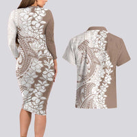 Polynesian Beige Plumeria Lei Couples Matching Long Sleeve Bodycon Dress and Hawaiian Shirt with Hammerhead Shark LT7 - Polynesian Pride