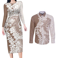 Polynesian Beige Plumeria Lei Couples Matching Long Sleeve Bodycon Dress and Long Sleeve Button Shirt with Hammerhead Shark LT7 Beige - Polynesian Pride
