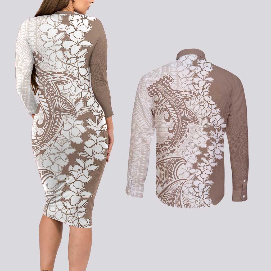 Polynesian Beige Plumeria Lei Couples Matching Long Sleeve Bodycon Dress and Long Sleeve Button Shirt with Hammerhead Shark LT7 - Polynesian Pride