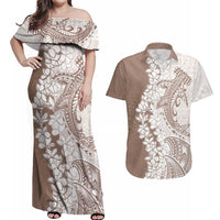 Polynesian Beige Plumeria Lei Couples Matching Off Shoulder Maxi Dress and Hawaiian Shirt with Hammerhead Shark LT7 Beige - Polynesian Pride