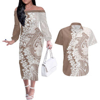 Polynesian Beige Plumeria Lei Couples Matching Off The Shoulder Long Sleeve Dress and Hawaiian Shirt with Hammerhead Shark LT7 Beige - Polynesian Pride
