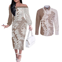 Polynesian Beige Plumeria Lei Couples Matching Off The Shoulder Long Sleeve Dress and Long Sleeve Button Shirt with Hammerhead Shark LT7 Beige - Polynesian Pride