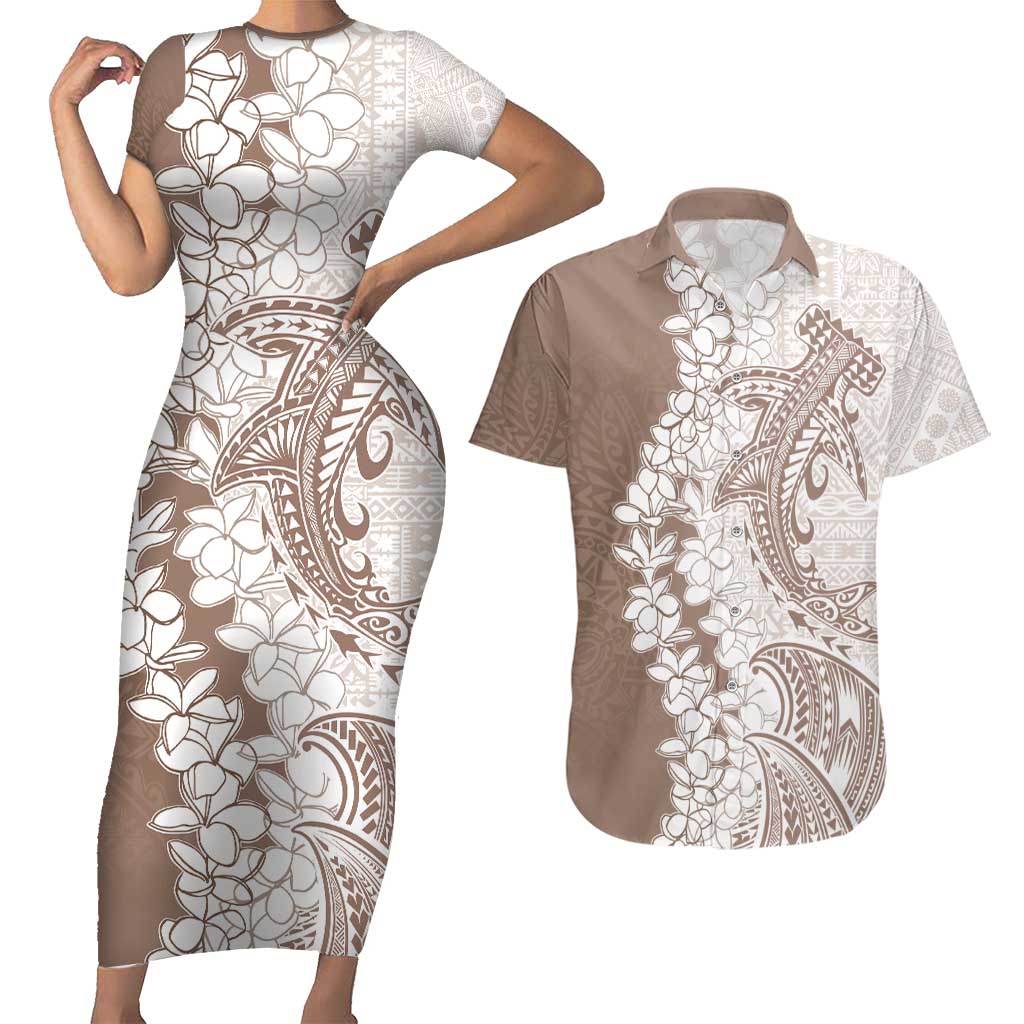Polynesian Beige Plumeria Lei Couples Matching Short Sleeve Bodycon Dress and Hawaiian Shirt with Hammerhead Shark LT7 Beige - Polynesian Pride
