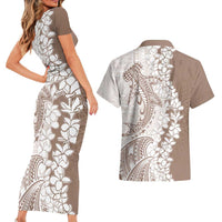 Polynesian Beige Plumeria Lei Couples Matching Short Sleeve Bodycon Dress and Hawaiian Shirt with Hammerhead Shark LT7 - Polynesian Pride