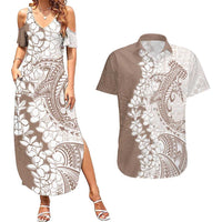 Polynesian Beige Plumeria Lei Couples Matching Summer Maxi Dress and Hawaiian Shirt with Hammerhead Shark LT7 Beige - Polynesian Pride